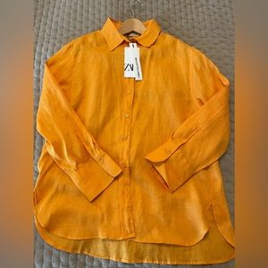 Zara orange linen shirt long sleeve size M.